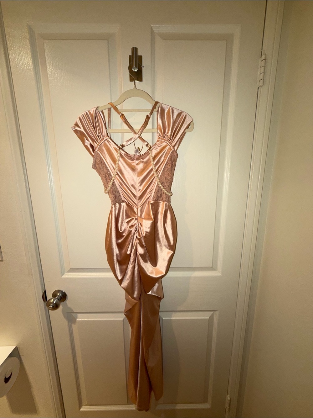Pearl-Embellished Satin & Lace Dress in Blush Pink - Picture 6 of 7